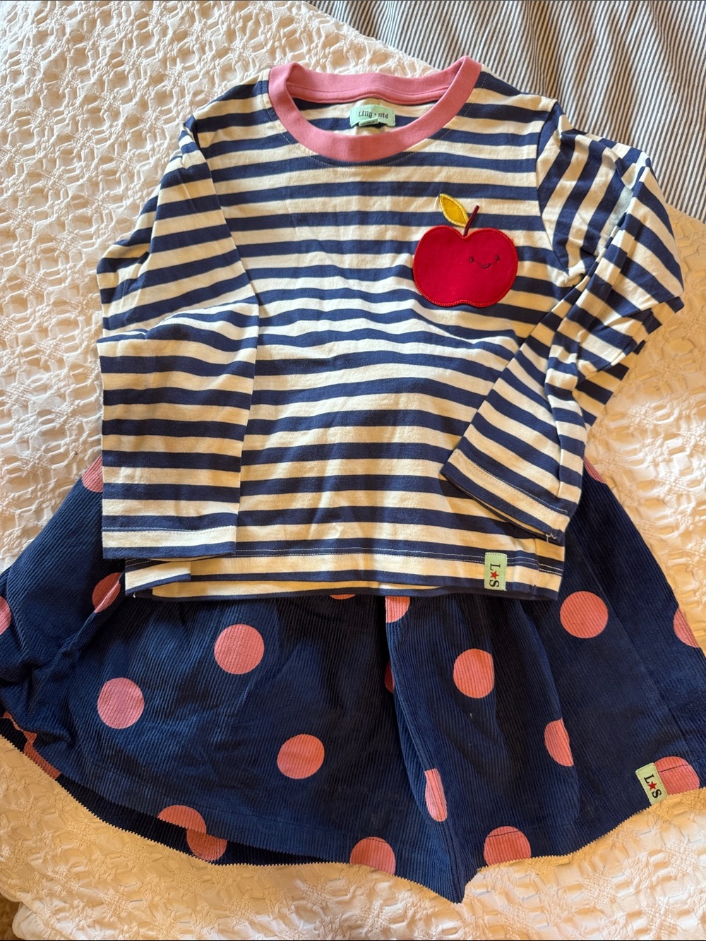 Striped Navy & White Top with red Apple Patch + Navy corduroy Polka Dot Skirt